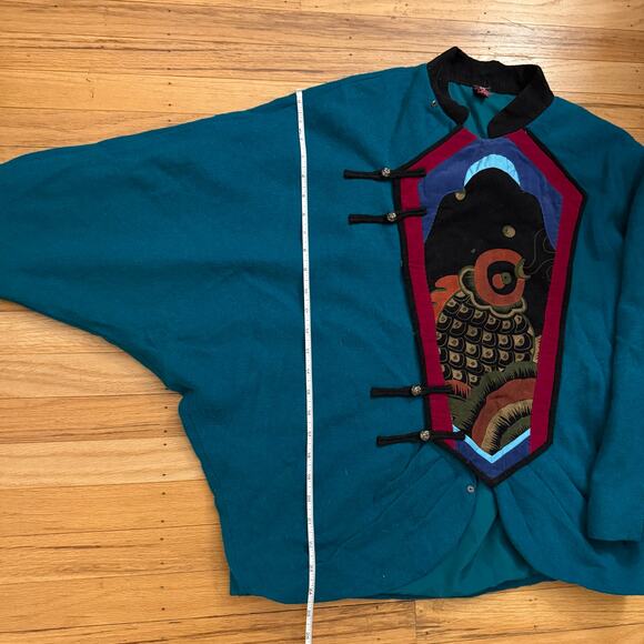 Vintage Blue Green Chinese Corduroy Embroidered Fish Sweater Jacket Sz M (apprx) - Picture 12 of 16